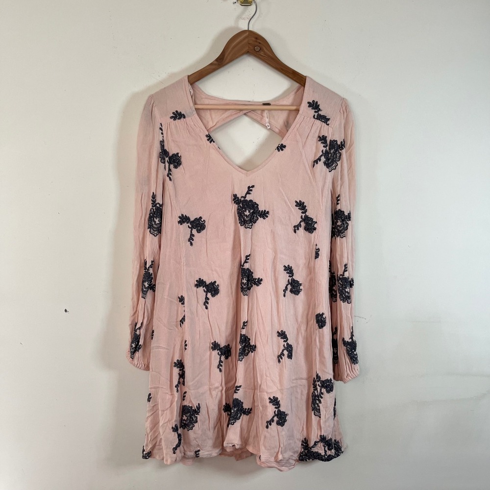 Free People Emma Austin Embroidered Floral Mini Dress Pink Small Lined Bohemian